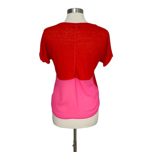 Sandro SMALL 1 Red Pink Linen Blend Color Block Lightweight Short Sleeve T-Shirt - Picture 4 of 9